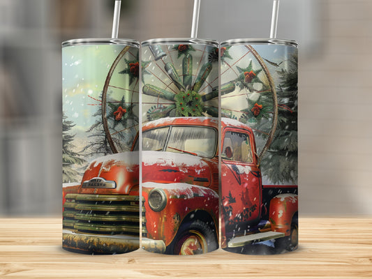 Red vintage truck with Christmas wreath in snowy forest scene.