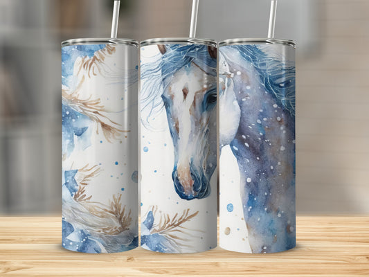 Watercolor horse design on three skinny tumblers with straws.