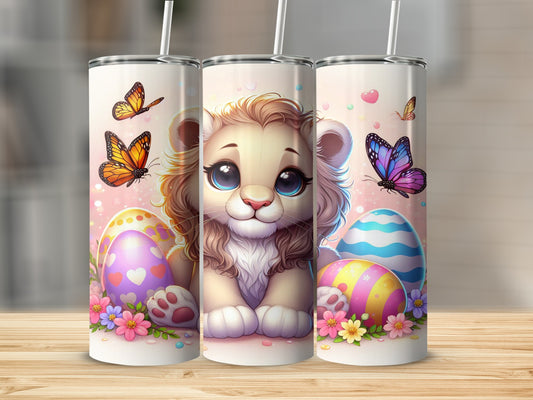 Lion cub with Easter eggs and butterflies.