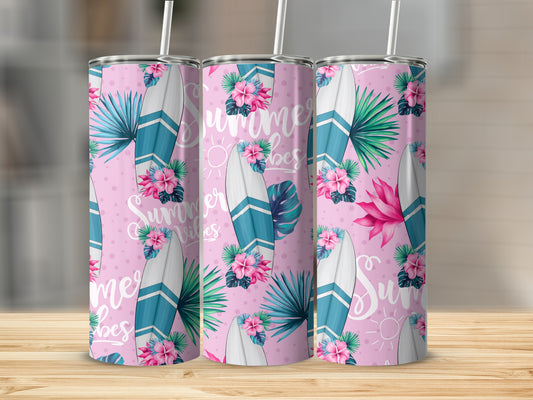 Pink tumbler with "Summer Vibes" and surfboard floral pattern.