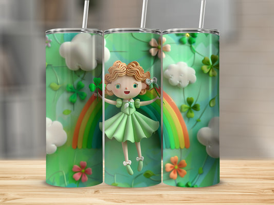 Green tumbler with girl, rainbow, shamrocks, and clouds, St. Patrick's Day theme.