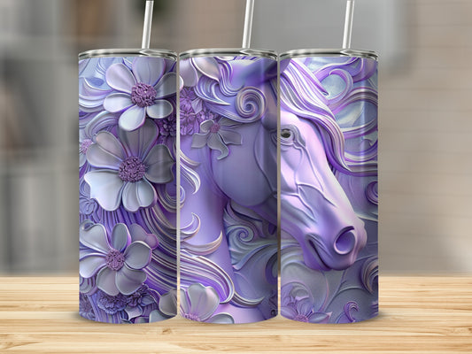 Purple horse and floral design on a 20 oz skinny tumbler.