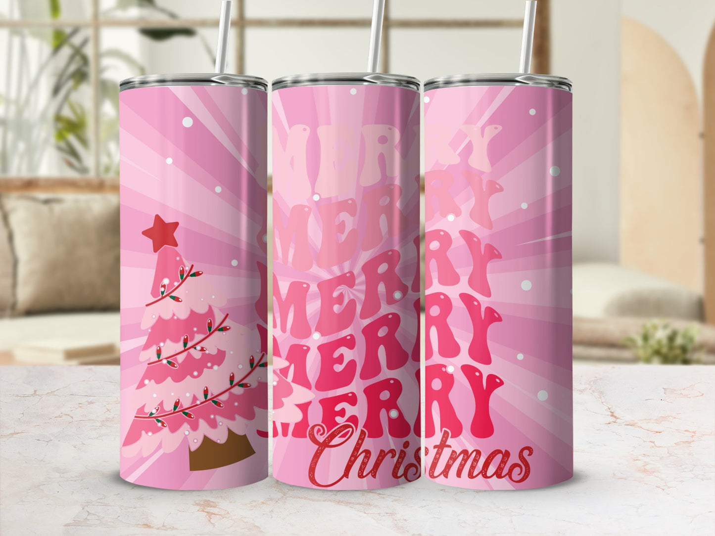 Merry Christmas Tree Bright Pink Design Tumbler