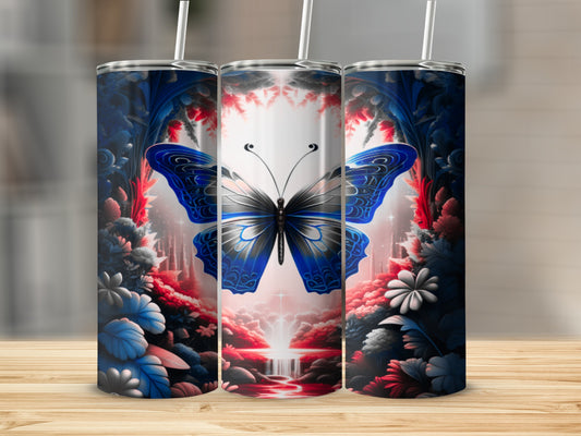 Tall tumbler with a blue butterfly and floral design.