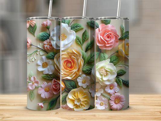 Three floral tumblers with raised rose and daisy designs.