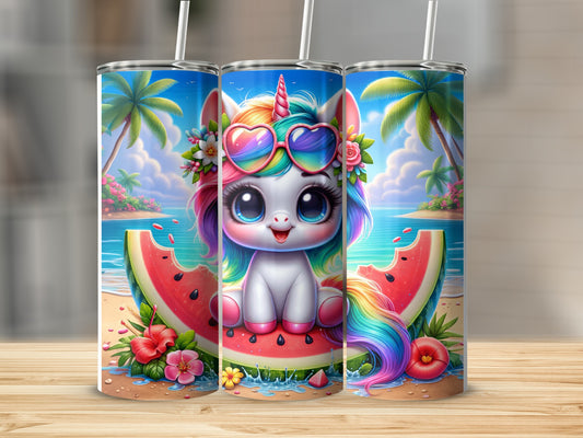 Cute cartoon unicorn with rainbow mane on watermelon slice at beach.
