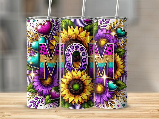 Tumbler with "MOM" in colorful leopard print surrounded by sunflowers and hearts.