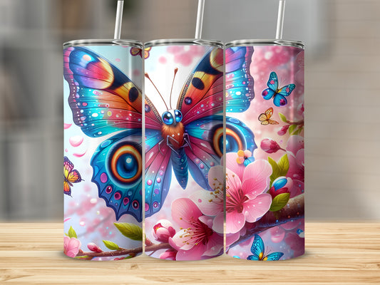 Three tumblers with colorful butterfly and cherry blossom designs.