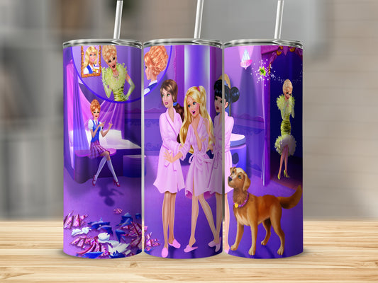 Barbie dolls in pink robes with a golden retriever in a spa setting.