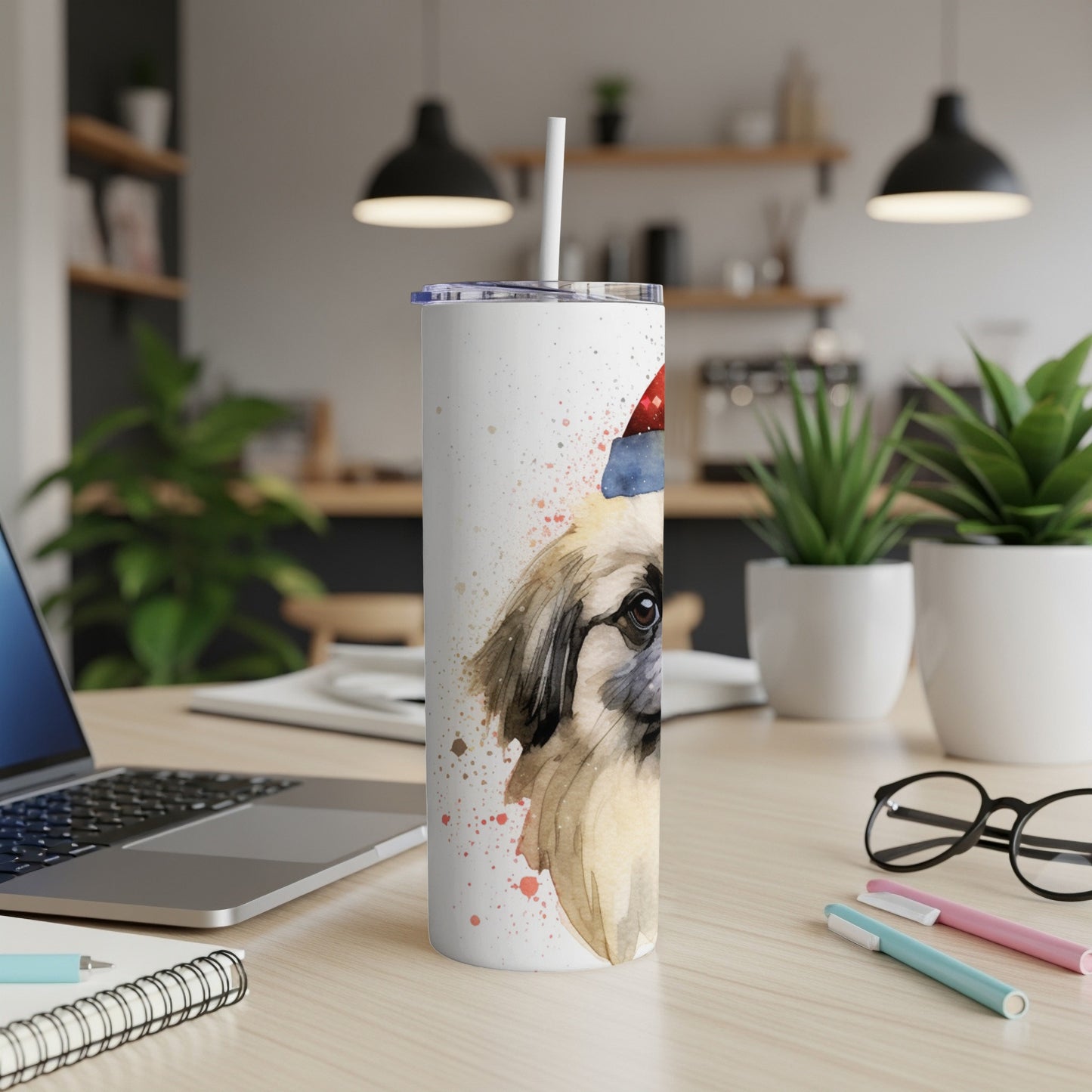 Watercolor Pekingese dog with Santa hat on a white tumbler cup.