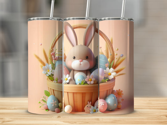 Easter bunny and eggs in a basket on a tumbler.
