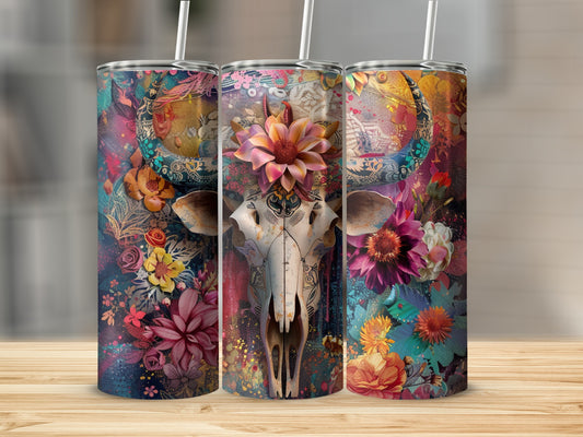 Three tumblers featuring ornate floral designs and a steer skull with flowers.