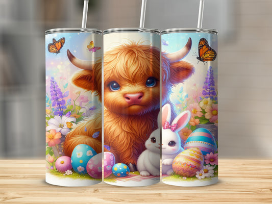 Highland cow and bunny with Easter eggs and butterflies.