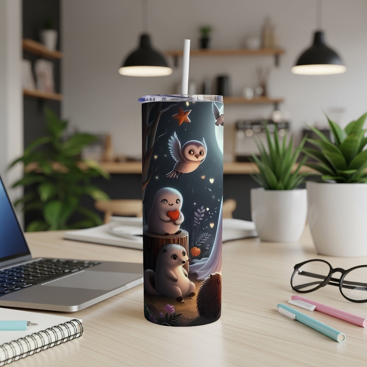 Tumbler with cartoon animals, owl, and a red heart under a moonlit sky.