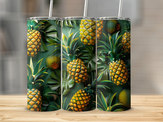 Three tumblers with a tropical pineapple and palm leaf pattern.