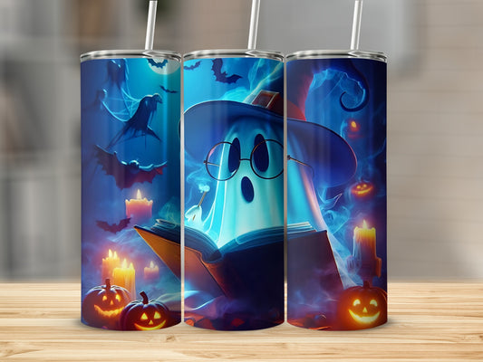 Three tumblers with a Halloween theme featuring a ghost reading a book.