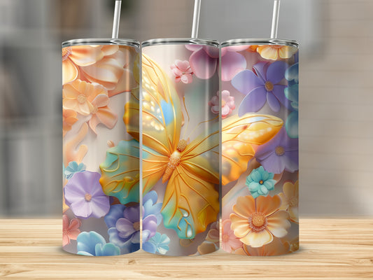 Three tumblers with butterfly and floral designs.