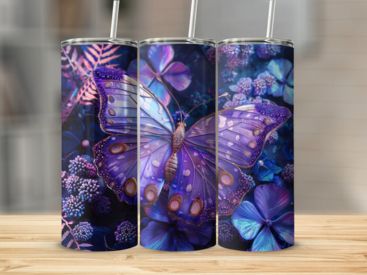 Three tumblers featuring a purple butterfly and floral design.