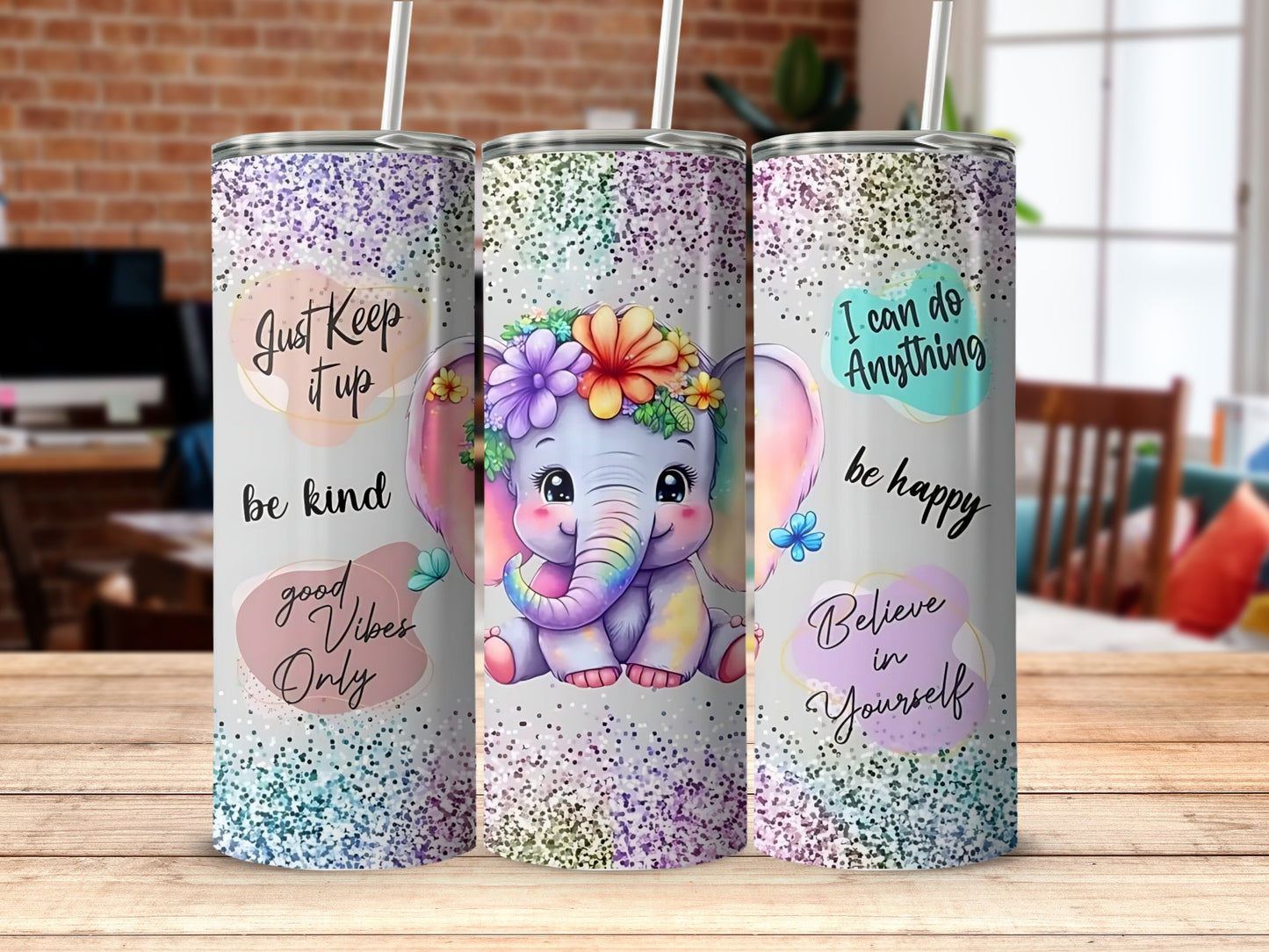 Inspirational Glitter Elephant Tumbler for Motivation