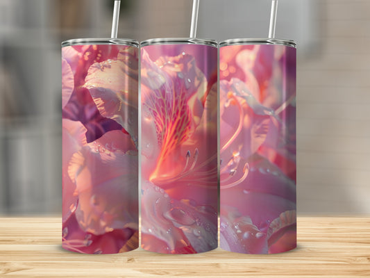 Three pink lilies with water droplets, displayed on a wooden surface.