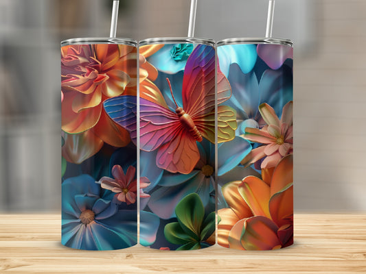 Three tumblers with colorful floral and butterfly designs.