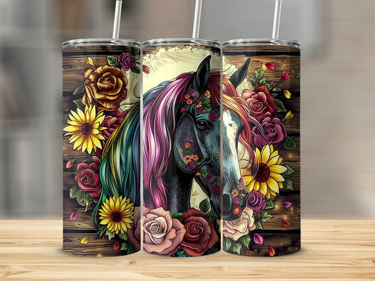 Colorful horse with flowers on a wooden background tumbler.