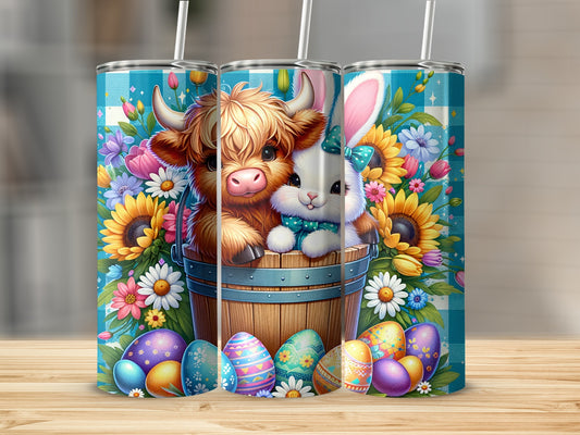 Cow and bunny in bucket with Easter eggs and flowers.