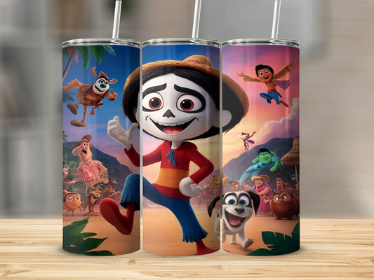 Animated characters and dog on three character-themed tumblers.