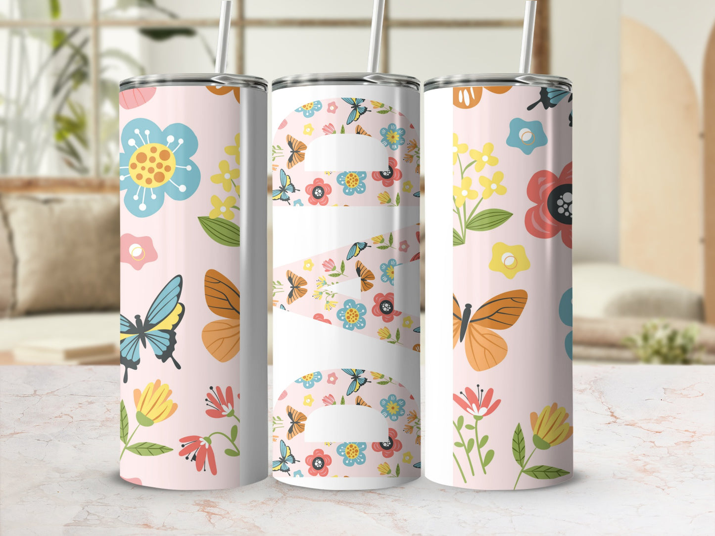 Floral and Butterfly Patterned Tumbler Drinkware Cups