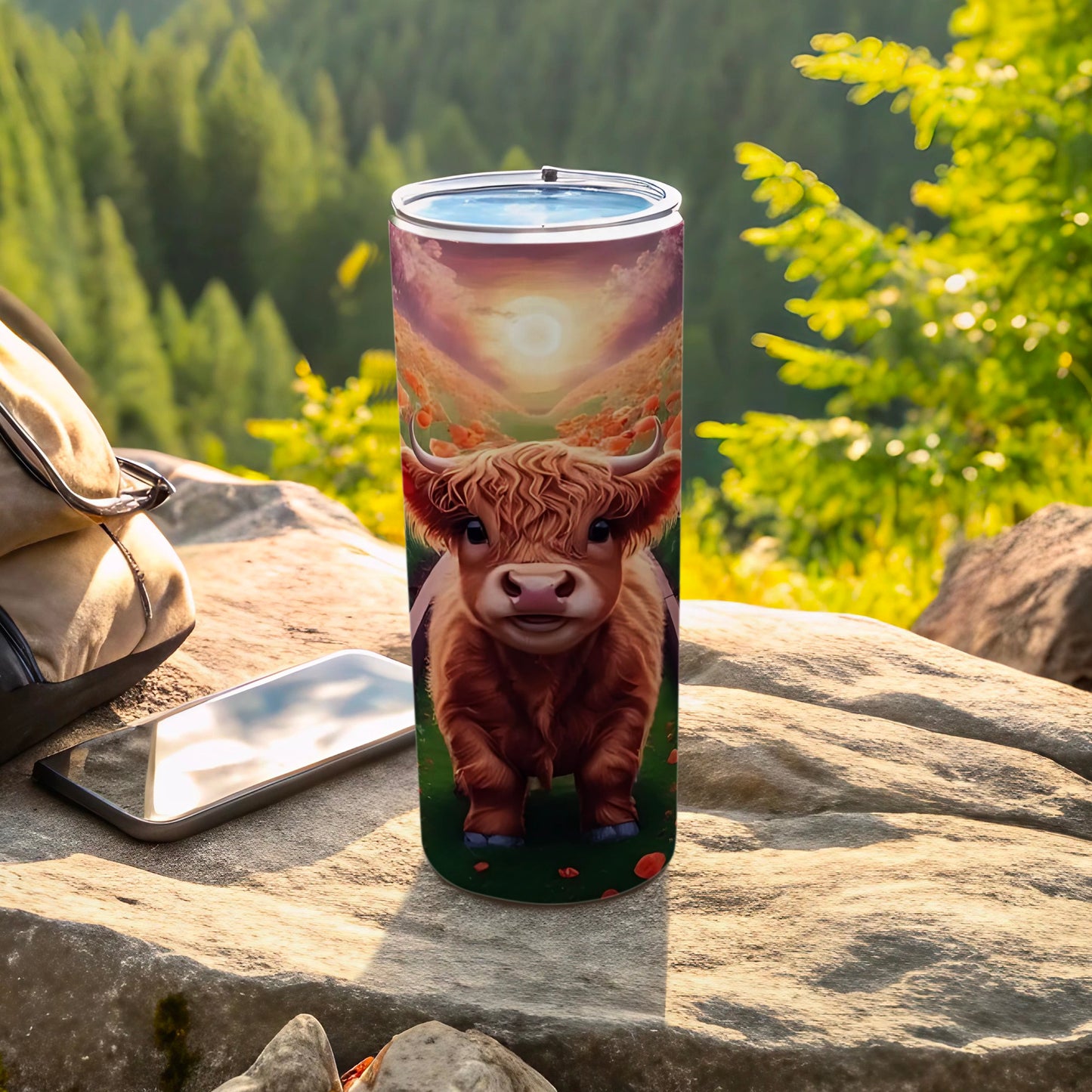 Highland Cow Tumbler with Mountain and Sunset Scene