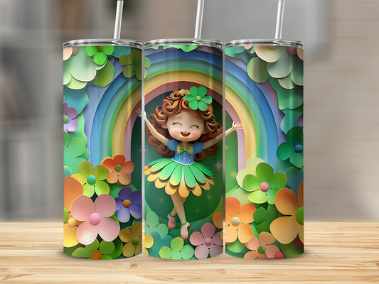 Three colorful tumblers featuring a happy cartoon girl with a rainbow and flowers.