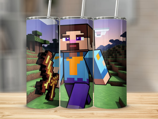 Minecraft character holding a sword, in a pixelated landscape.