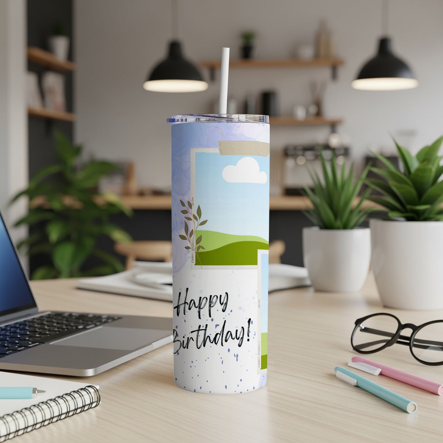 Tumbler with "Happy Birthday!" text and landscape photo collage.