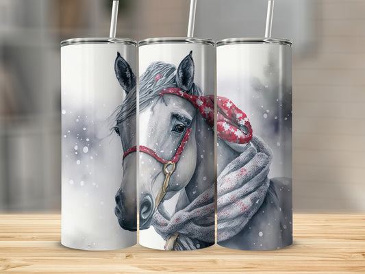 Watercolor painting of a white horse wearing a red halter and scarf.