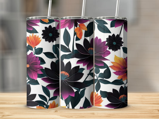 Three tumblers with a bold floral design in purple, black, and orange.