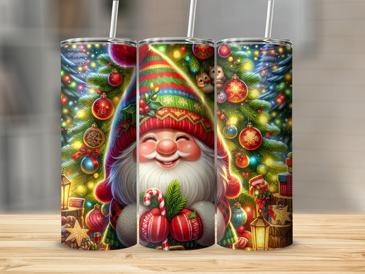 Christmas gnome with candy cane and festive tree background.