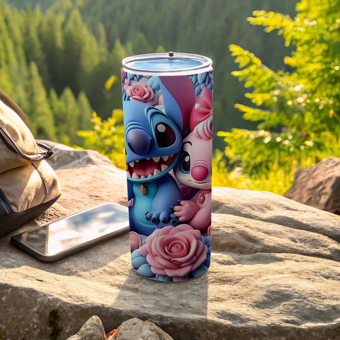 Adorable Stitch and Angel with Roses Tumbler