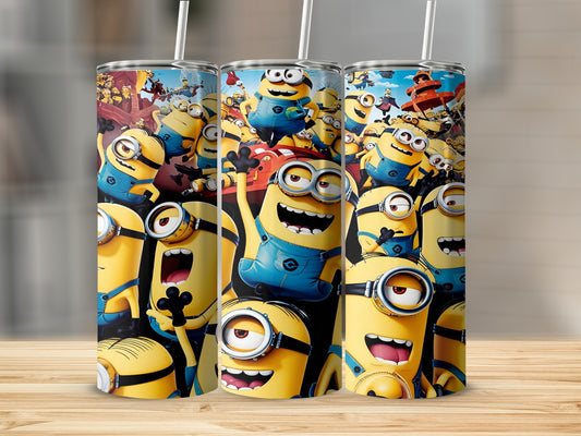Minions character illustration on three tall cylindrical tumblers.