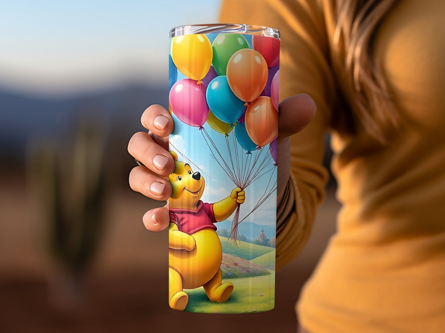 Winnie The Pooh With Balloons Over Flowers In Fields Tumblers