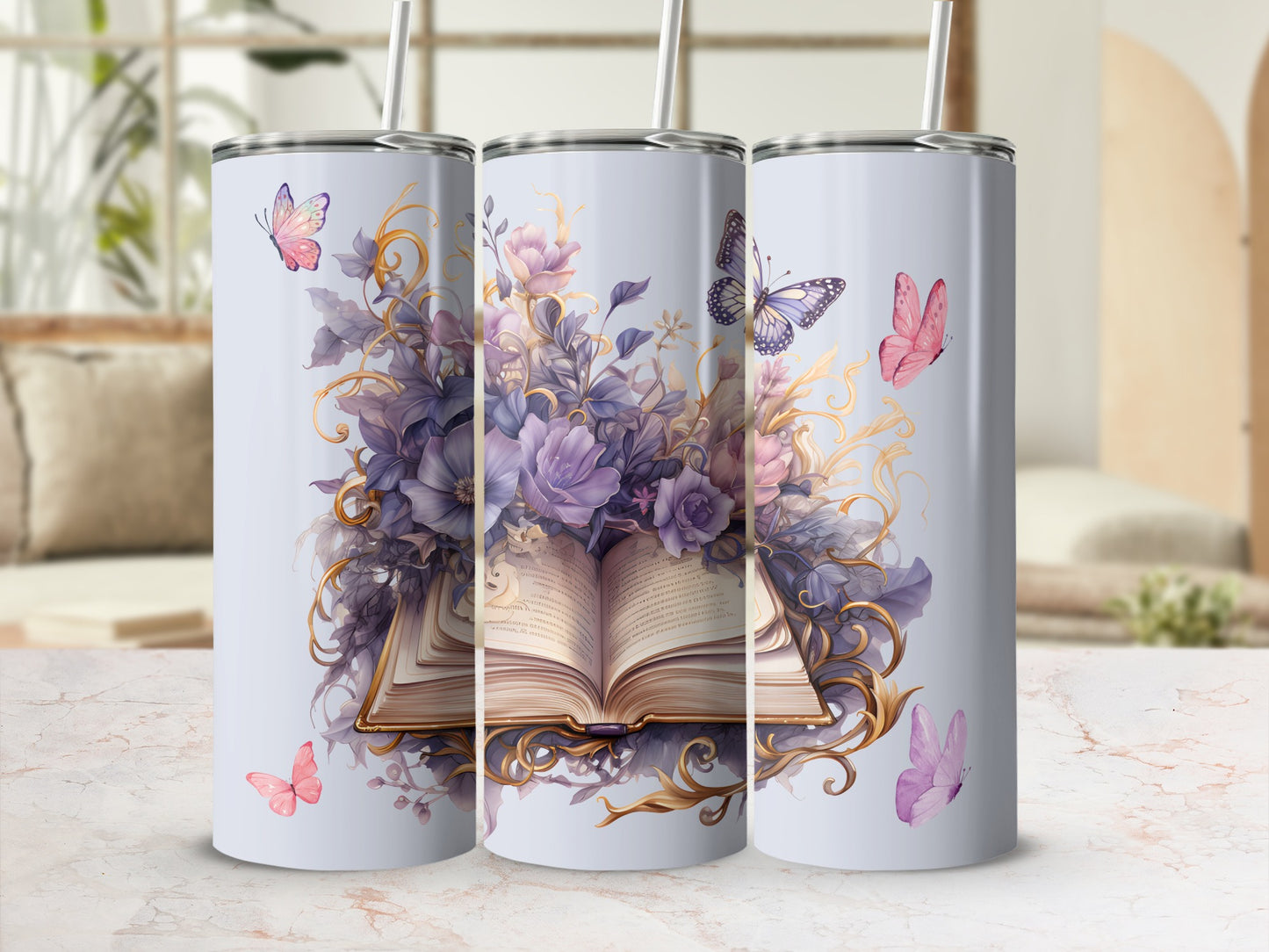 Beautiful Floral Book and Butterfly Design Tumbler