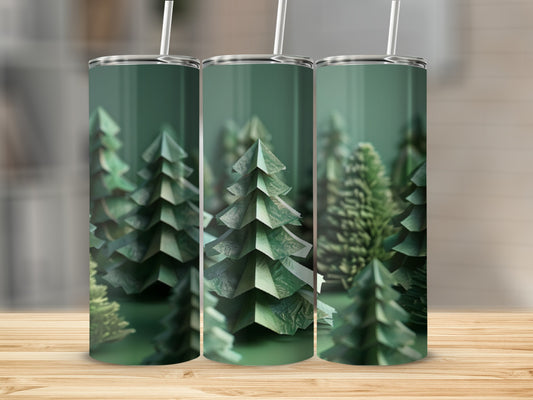 Three green tumblers with a forest of paper trees design.