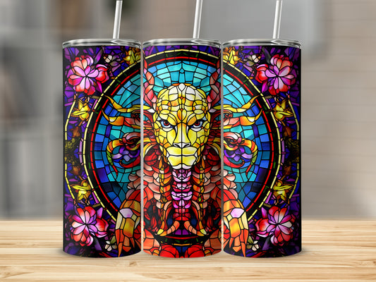Stained glass design featuring a lion's head with floral accents.
