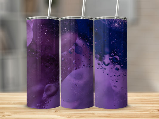 Three purple tumblers with oil and water bubble design.