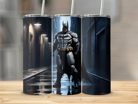 Batman standing in a wet alley at night, looking forward.