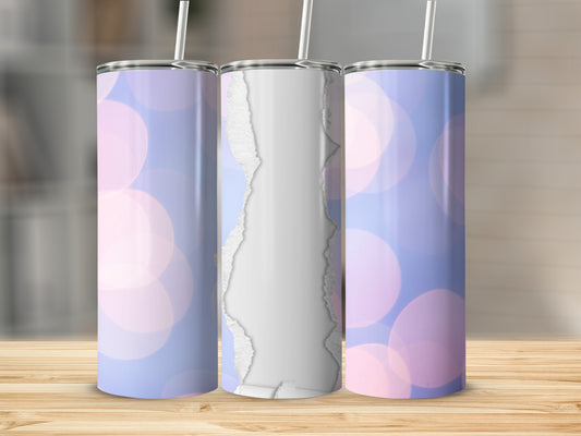 Three tumblers with a torn paper effect and bokeh background.