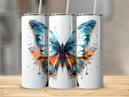 Three white tumblers featuring a colorful blue and orange butterfly design.