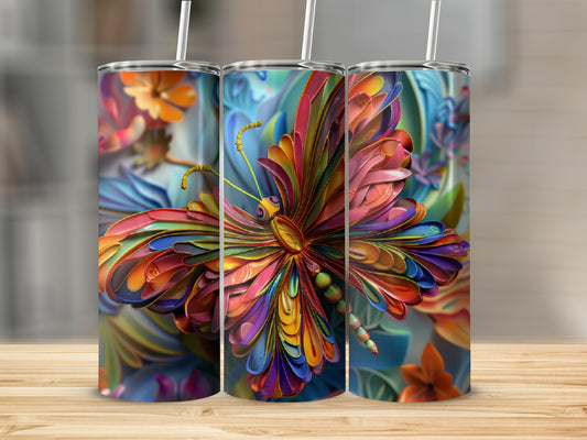 Three colorful tumblers with a detailed butterfly design.