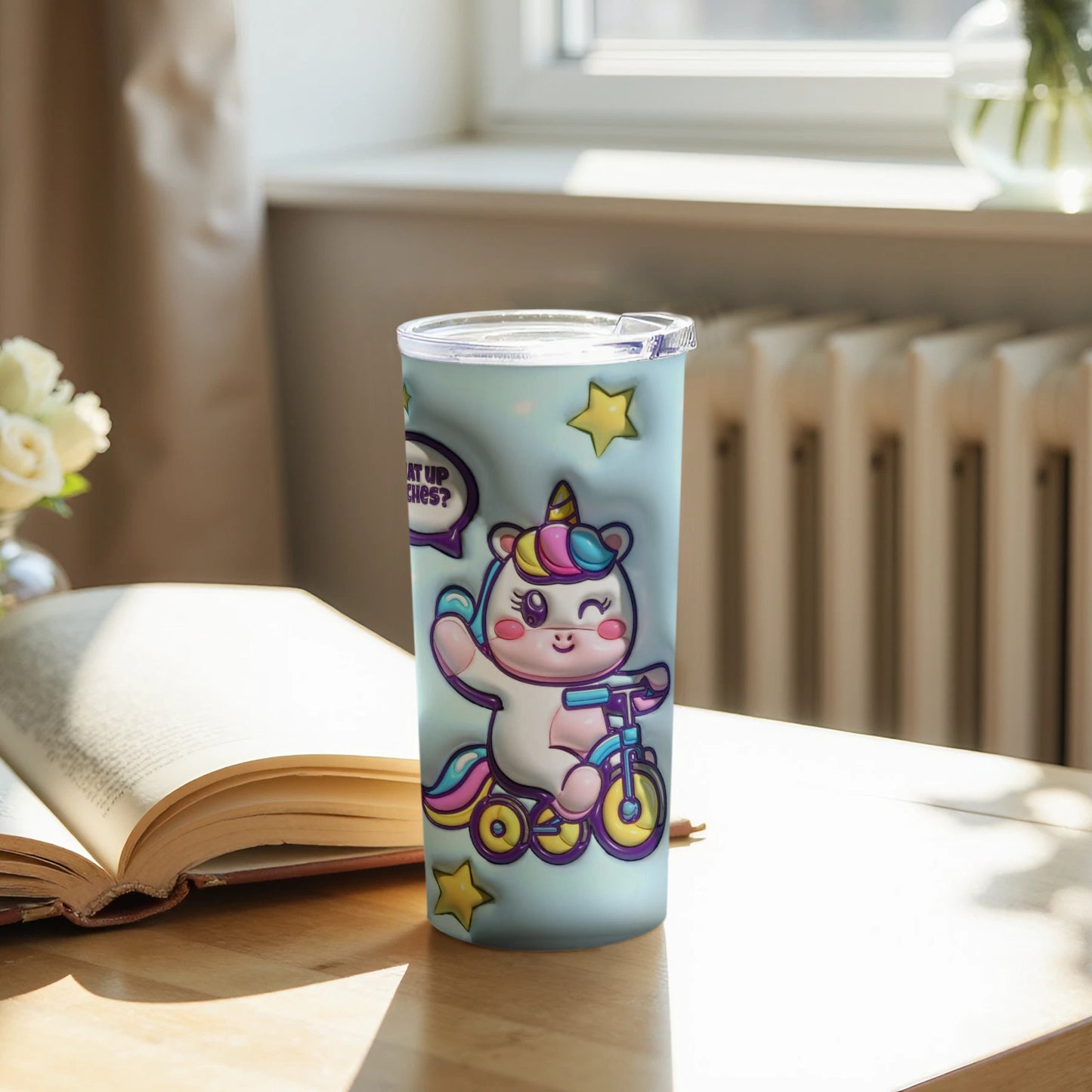 Adorable Unicorn Riding Bike Tumbler with Stars Design