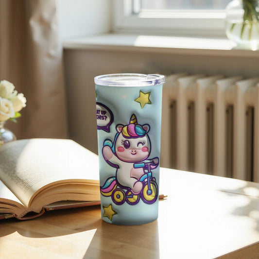 Adorable Unicorn Riding Bike Tumbler with Stars Design