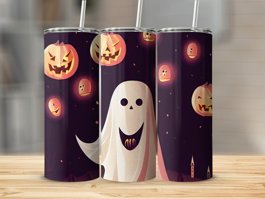 Three tumblers with a dark purple Halloween design featuring pumpkins, ghosts, and small houses.